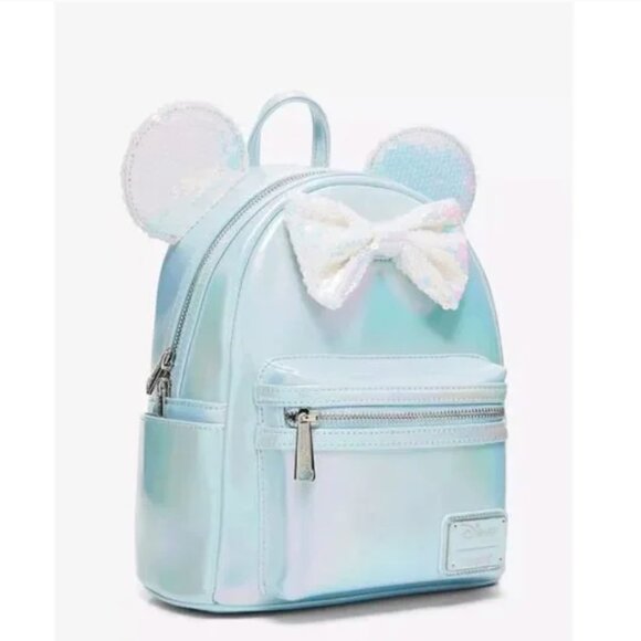 LOUNGEFLY light blue Disney Minnie Mouse Iridescent Sequin Ears Mini Backpack - Picture 7 of 8